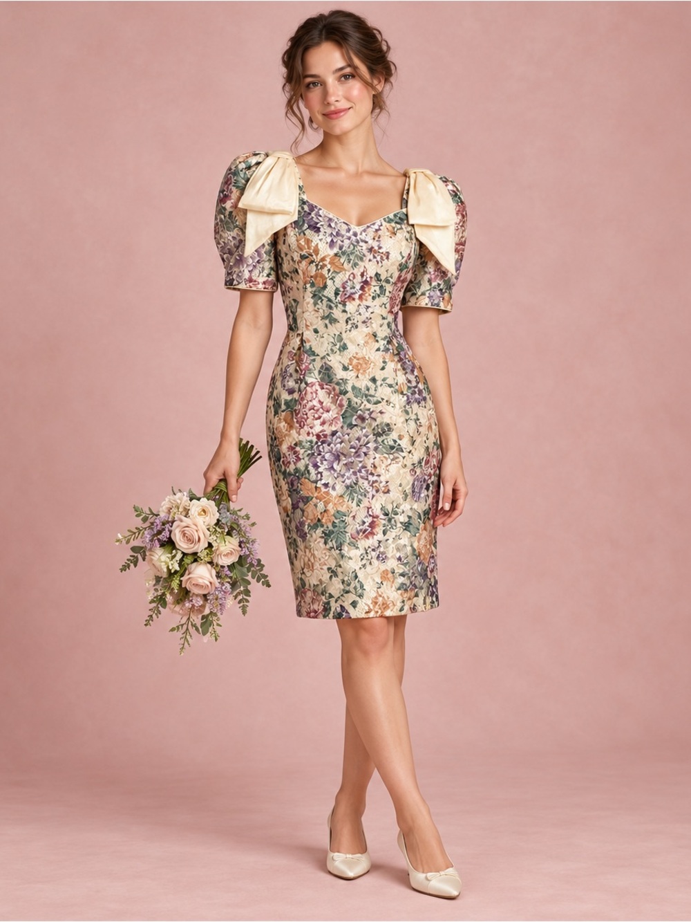 JoAnn Albrizio for Just Eve Vintage Floral Lace Bow Bridesmaid Dress Fits US 4